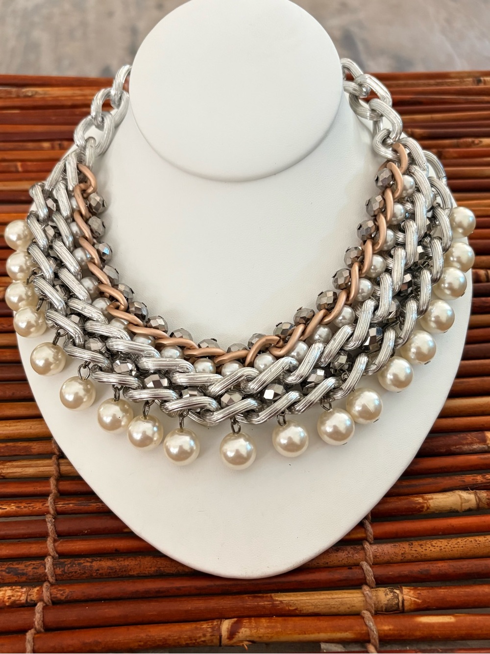 Layered Silver and Rose Gold Pearl-Trim Bibb Statement Necklace 16”-19”